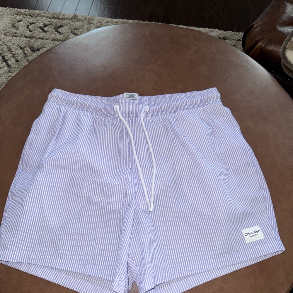 Calvin Klein Men's Purple and White Striped Swim Shorts